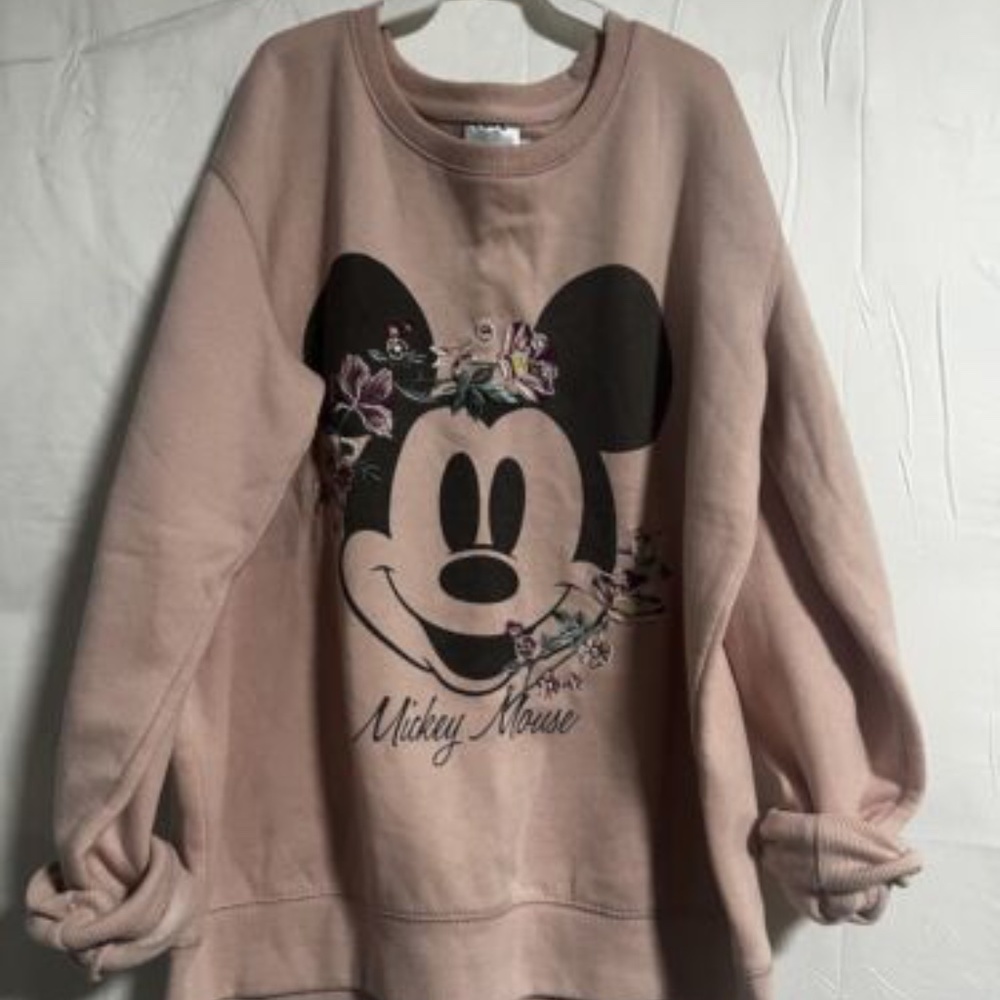 Disney Mickey Mouse Crew Neck Sweatshirt Med Embroidered Flowers Cotton On pink